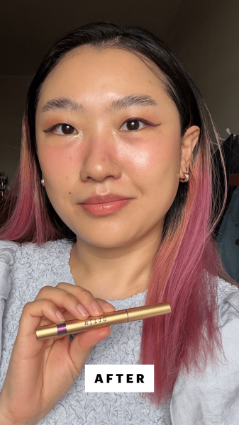 a selfie of Allure commerce editor Sarah Han after applying the Stila Stay All Day ChromaFlash Liquid Eyeliner in Unicorn